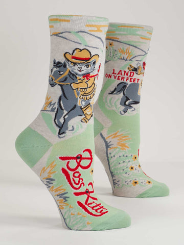 Blue Q Women Crew Socks - Boss Kitty