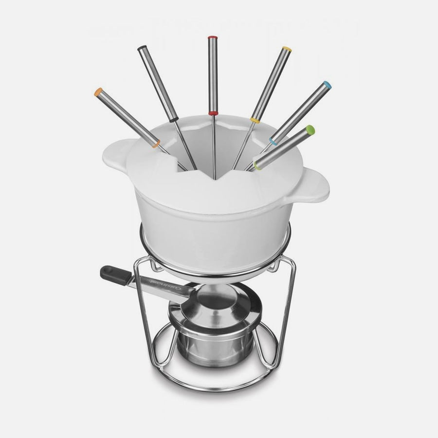 Red Fondue Pot Set with 6 Long Forks and Burner for Cheese and Chocolate  (10 Piece Set)
